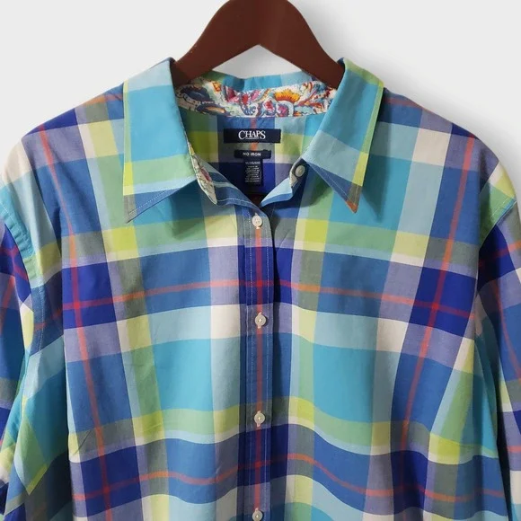 Chaps Womens 3X Blue Green Plaid No Iron Button Up Shirt 3/4 Sleeve Paisley Trim - Picture 2 of 10